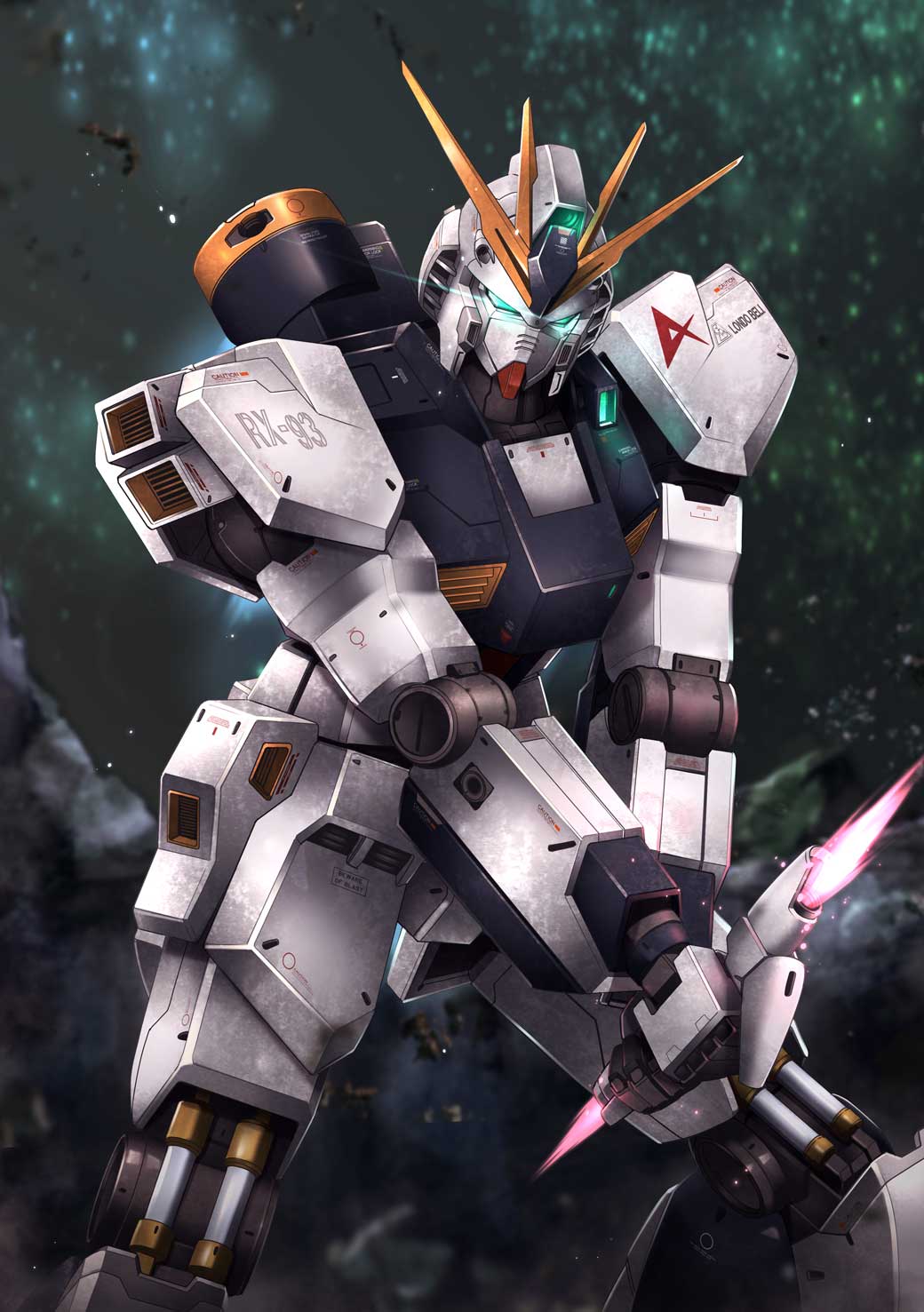 aiyat_@_maotto beam_saber char's_counterattack commentary_request energy_sword glowing glowing_eye green_eyes gundam highres light_particles logo looking_at_viewer mecha no_humans nu_gundam solo standing sword weapon
