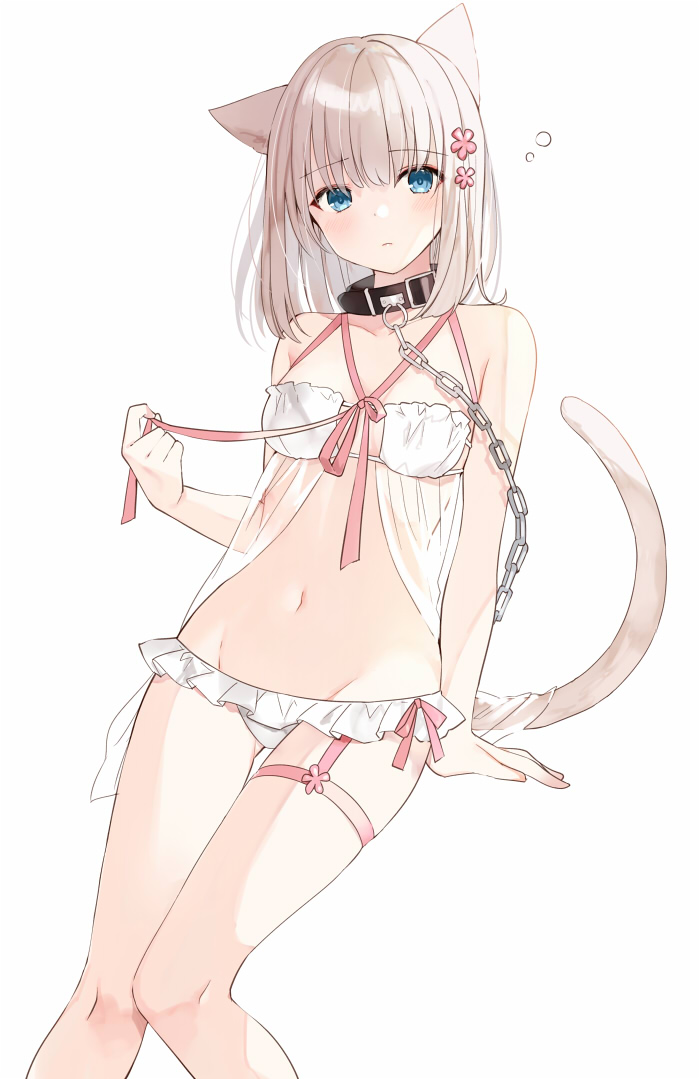 1girl animal_ears ass_visible_through_thighs babydoll bare_arms bare_shoulders blue_eyes breasts cat_ears cat_girl cat_tail chain closed_mouth collar collarbone frilled_panties frills frown groin hair_ornament lingerie looking_at_viewer medium_hair navel original panties pink_ribbon ribbon see-through silver_hair simple_background small_breasts solo stomach tail thigh_strap thighs underwear underwear_only white_background white_panties yon_(letter)