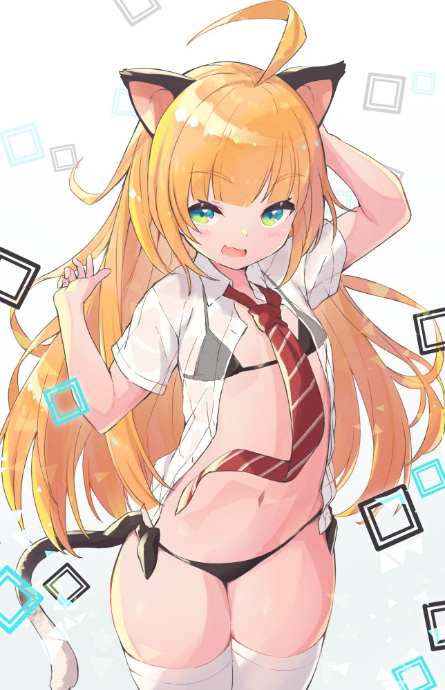 1girl ahoge animal_ears arm_up bangs bikini black_bikini blush cat_ears cat_tail eyebrows_visible_through_hair fang flat_chest long_hair necktie nemeneko_6 open_clothes open_mouth open_shirt orange_hair original red_neckwear see-through shirt side-tie_bikini simple_background skin_fang solo striped striped_neckwear swimsuit tail thigh-highs white_legwear