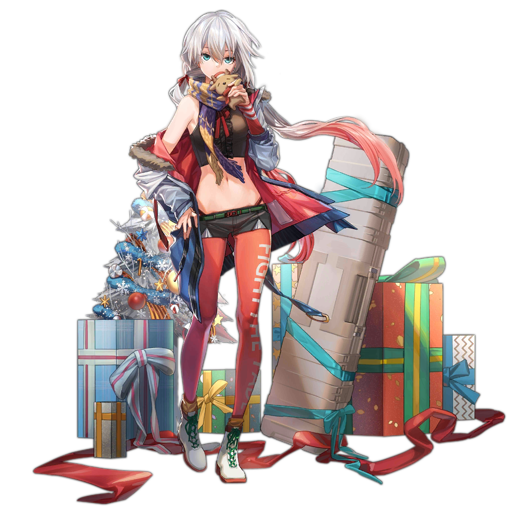 1girl alternate_costume aqua_eyes aqua_ribbon arm_warmers bangs bare_shoulders belt black_shorts blue_coat breasts christmas_ornaments christmas_tree coat covered_mouth crop_top cross-laced_footwear floating_hair full_body fur-trimmed_coat fur_trim gift girls_frontline hair_between_eyes highleg highleg_panties holding jacket long_hair looking_at_viewer low_twintails lwmmg_(girls_frontline) medium_breasts midriff multicolored_hair navel off_shoulder official_art panties pantyhose pink_hair pink_legwear purple_scarf red_coat red_panties rff_(3_percent) ribbon scarf short_shorts shorts silver_hair sleeveless solo standing stomach stuffed_animal stuffed_toy transparent_background twintails two-tone_hair underwear weapon_case white_footwear wind