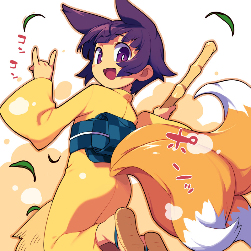 1girl :d animal_ears bamboo_broom blush_stickers broom commentary_request copyright_request eyebrows_visible_through_hair fox_ears fox_shadow_puppet fox_tail from_behind japanese_clothes kimono looking_at_viewer metata multiple_tails obi open_mouth purple_hair sash short_hair simple_background smile solo tail violet_eyes white_background yellow_kimono
