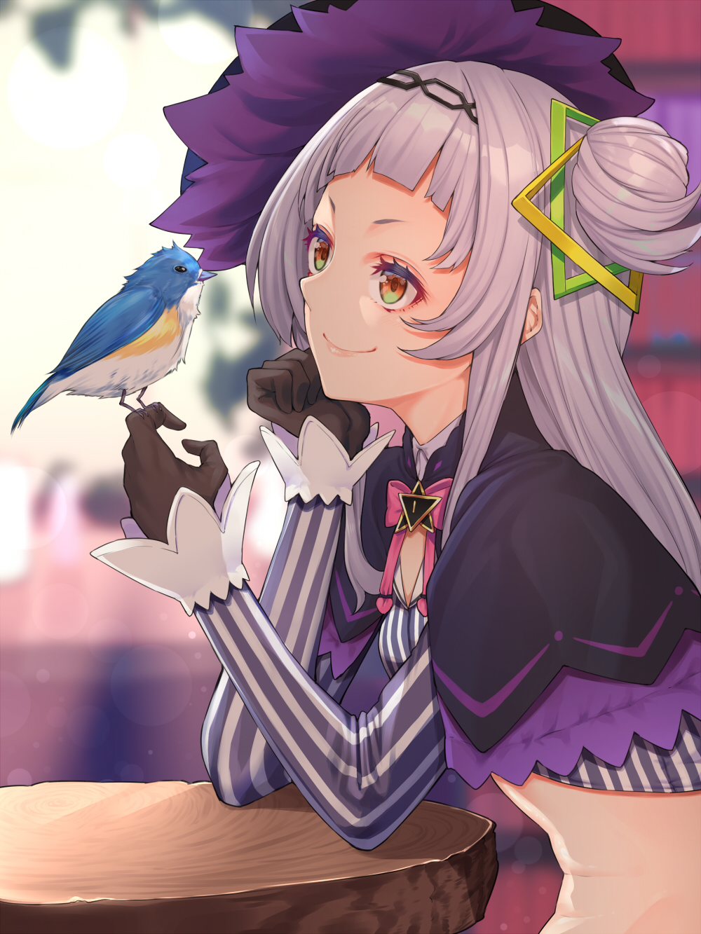 1girl bangs bird bird_on_finger black_capelet black_gloves black_headwear blunt_bangs capelet commentary_request crop_top from_side gloves hair_bun hair_ornament hat highres hololive long_hair long_sleeves mikan_(chipstar182) murasaki_shion one_side_up silver_hair smile solo striped striped_legwear tilted_headwear vertical-striped_legwear vertical_stripes virtual_youtuber witch_hat yellow_eyes