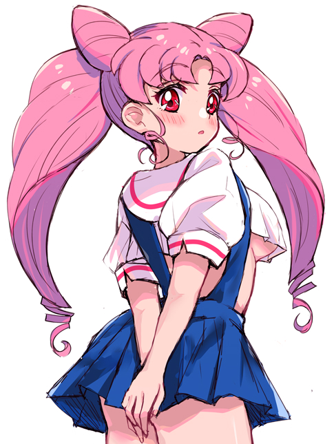 1girl arms_behind_back bishoujo_senshi_sailor_moon blush breasts chibi_usa eru eyebrows_visible_through_hair long_hair looking_at_viewer looking_back medium_breasts older pink_hair puffy_short_sleeves puffy_sleeves red_eyes school_uniform short_sleeves skirt solo suspender_skirt suspenders twintails under_boob