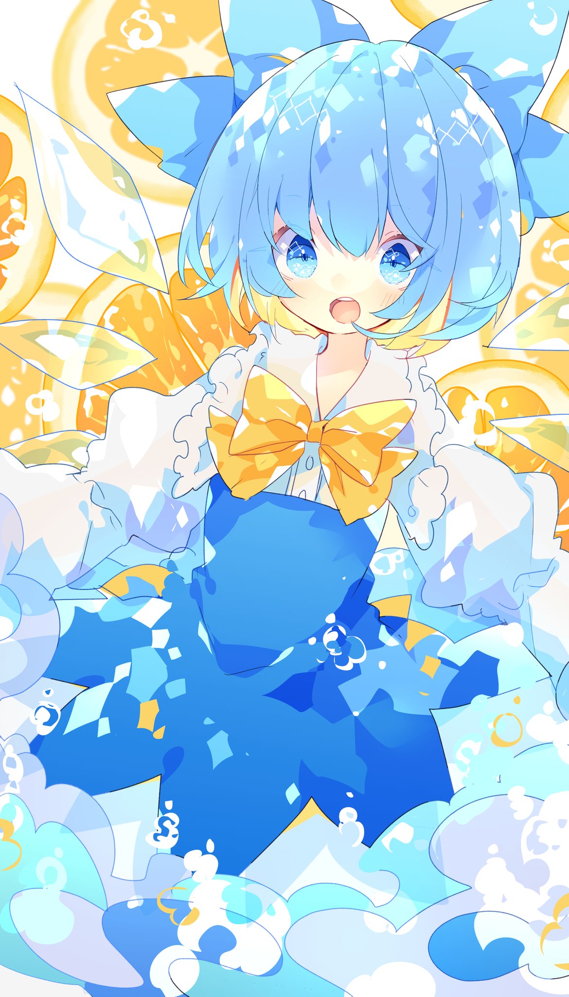 1girl blue_bow blue_dress blue_eyes blue_hair bow bowtie cirno commentary_request cowboy_shot detached_wings dress food fruit hair_bow highres ice ice_wings lemon lemon_slice long_sleeves nikorashi-ka open_mouth puffy_sleeves short_hair solo touhou white_background wings yellow_neckwear