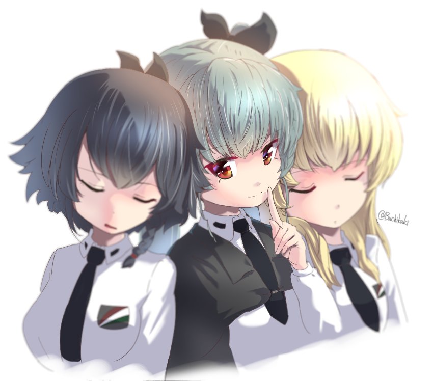 3girls anchovy_(girls_und_panzer) anzio_school_uniform bangs black_cape black_hair black_neckwear black_ribbon blonde_hair braid buchikaki cape carpaccio_(girls_und_panzer) closed_mouth commentary cropped_torso dress_shirt drill_hair emblem eyebrows_visible_through_hair finger_to_mouth girls_und_panzer green_hair hair_ribbon hair_tie leaning_on_person long_hair long_sleeves looking_at_viewer multiple_girls necktie parted_lips pepperoni_(girls_und_panzer) red_eyes ribbon school_uniform shirt short_hair shushing side-by-side side_braid simple_background sleeping smile twin_drills twintails white_background white_shirt