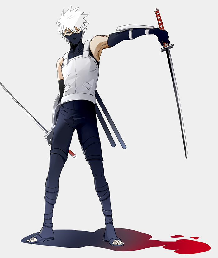 1boy anbu armor bare_shoulders black_eyes blood detached_sleeves dual_wielding elbow_gloves facial_mask facial_scar gloves grey_hair hatake_kakashi holding i_(kaiyou) katana male_focus mask mouth_mask naruto naruto_(series) naruto_shippuuden ninja one_eye_closed scar scar_across_eye sheath short_hair silver_hair simple_background solo spiky_hair sword weapon white_background white_hair younger