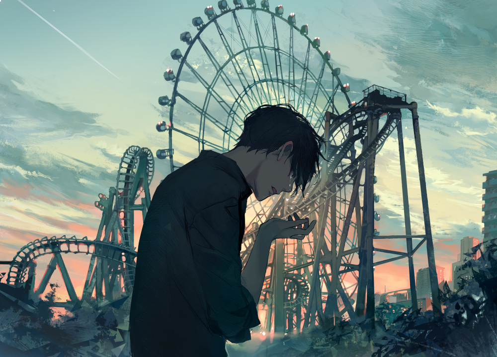 1boy amusement_park bangs black_eyes black_hair black_shirt building clouds cloudy_sky collared_shirt commentary condensation_trail crying crying_with_eyes_open english_commentary evening ferris_wheel grey_sky hand_up jiwataneho looking_away looking_down open_mouth orange_sky original outdoors roller_coaster shirt short_hair sky solo sunset tears upper_body