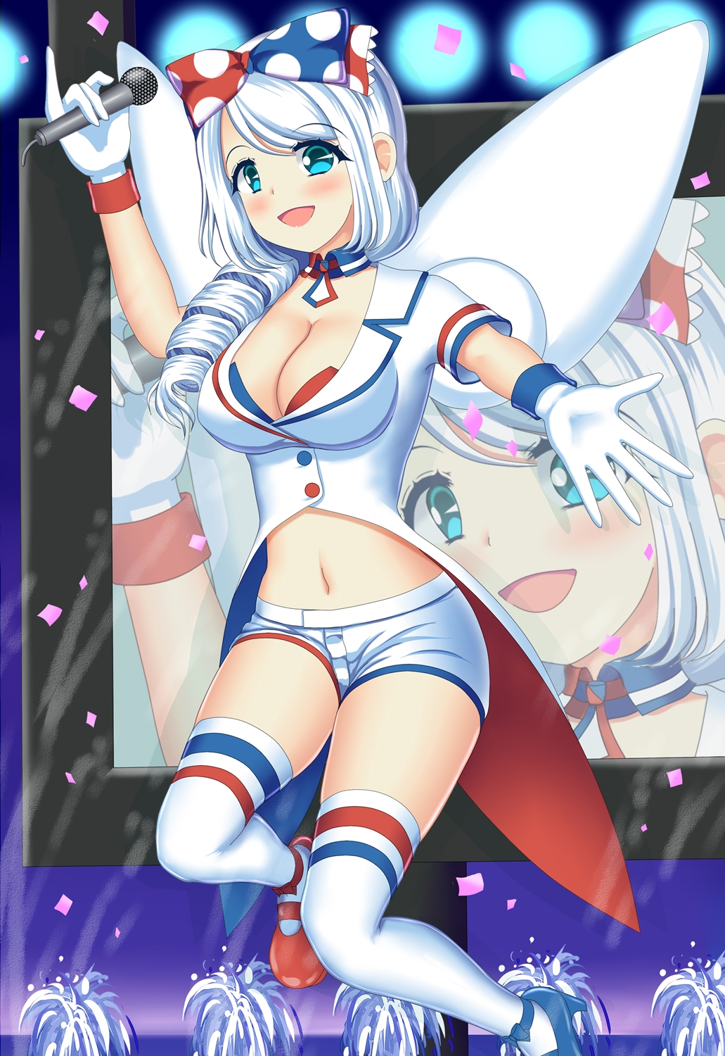 1girl angel_wings blue_eyes breasts fountain gen_4_pokemon gloves highres idol large_breasts long_hair looking_at_viewer microphone navel personification pokemon revealing_clothes shorts smile solo thigh-highs togekiss white_gloves white_hair white_legwear white_shorts wings yukimura_chisa