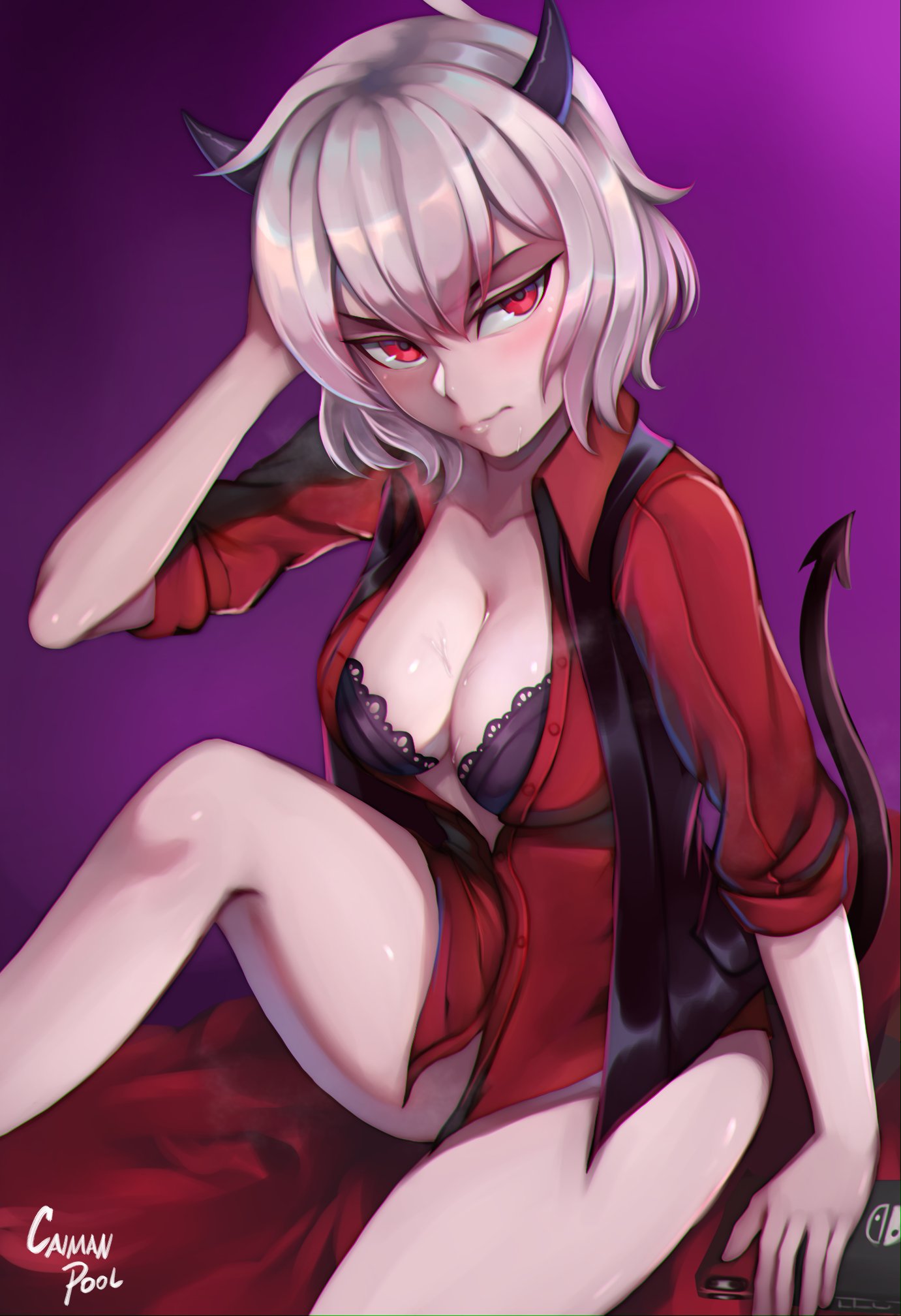 1girl black_bra black_horns bra caiman-pool demon_girl demon_horns demon_tail formal helltaker highres horns looking_at_viewer malina_(helltaker) nintendo nintendo_switch no_pants overshirt purple_background red_eyes short_hair signature silver_hair tail unbuttoned unbuttoned_shirt underwear