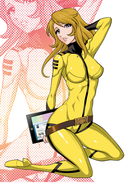 1girl blonde_hair bodysuit breasts brown_eyes long_hair looking_at_viewer military military_uniform mori_yuki nib_pen_(medium) skin_tight solo tamaki_nozomu traditional_media uchuu_senkan_yamato uchuu_senkan_yamato_2199 uniform yellow_bodysuit