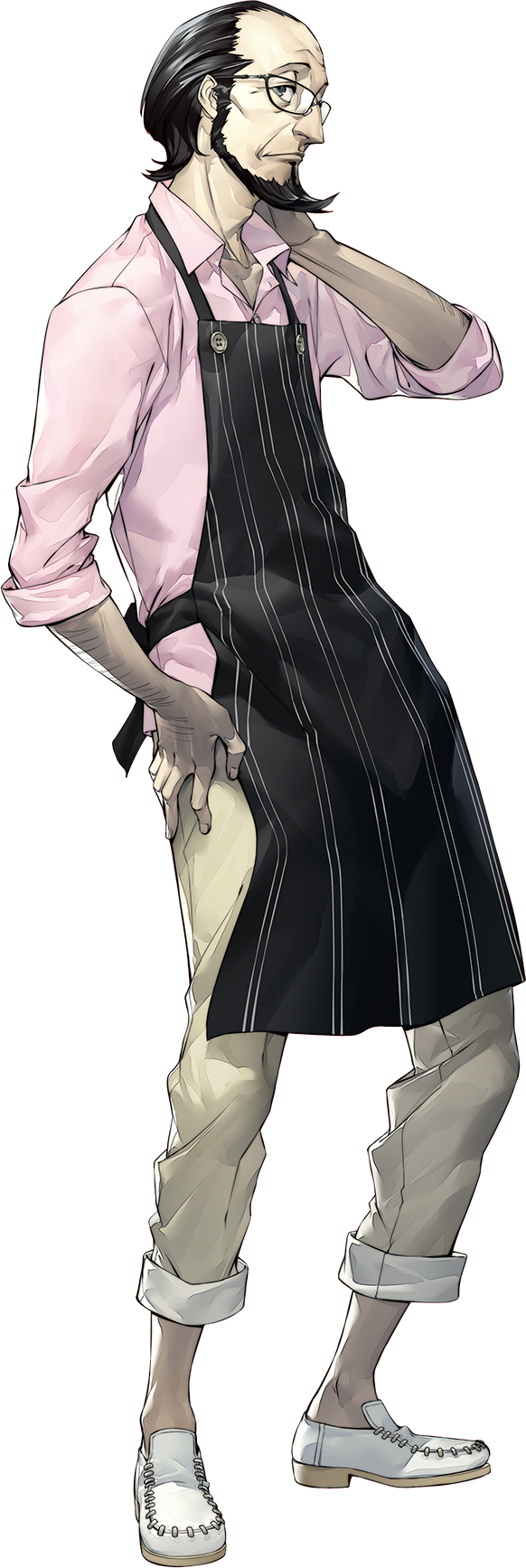 1boy apron beard black_eyes black_hair facial_hair full_body glasses highres official_art persona persona_5 sakura_soujirou soejima_shigenori solo transparent_background