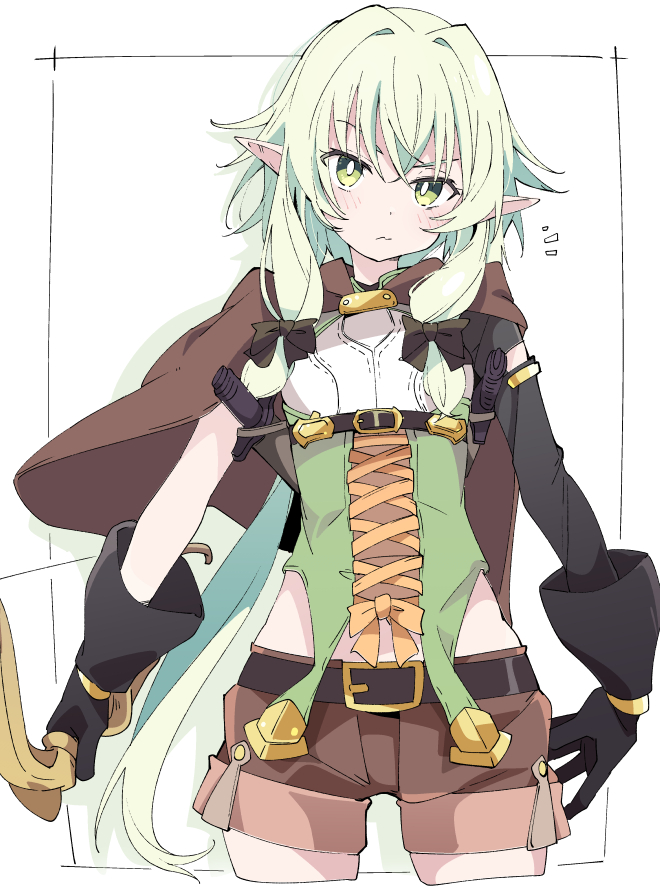 1girl belt black_belt black_gloves blush bow_(weapon) brown_shorts closed_mouth commentary_request elf gloves goblin_slayer! green_eyes green_hair high_elf_archer_(goblin_slayer!) holding holding_bow_(weapon) holding_weapon ixy long_hair looking_at_viewer pointy_ears ponytail shorts simple_background solo weapon white_background