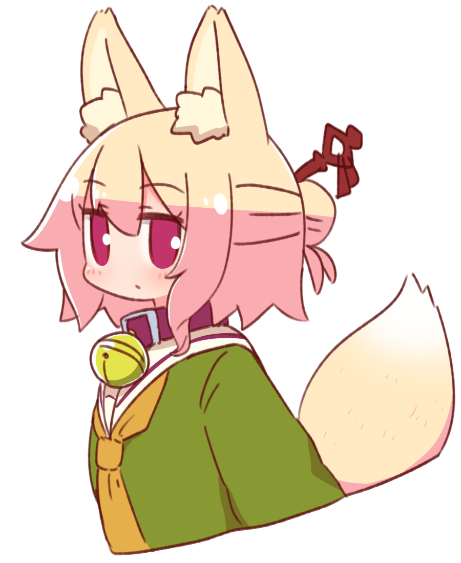 1girl animal_ears bangs bell bell_collar blonde_hair blush brown_collar closed_mouth collar cropped_torso eyebrows_visible_through_hair fox_ears fox_girl fox_tail green_shirt hair_between_eyes hair_bun hair_ornament jingle_bell kemomimi-chan_(naga_u) long_hair long_sleeves naga_u orange_neckwear original red_eyes sailor_collar shirt sidelocks simple_background solo tail upper_body white_background white_sailor_collar