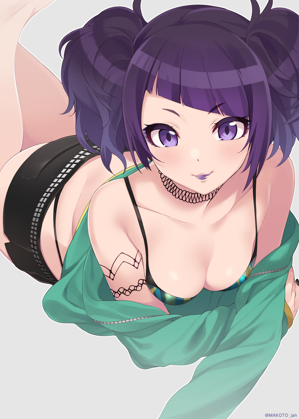 1girl armlet bangs bare_shoulders belt black_nails black_panties black_shorts bra breasts closed_mouth diagonal_bangs feet_up highleg highleg_panties highres idolmaster idolmaster_shiny_colors jewelry lipstick long_sleeves looking_at_viewer lying makeup mascara medium_breasts mizuki_makoto nail_polish necklace off_shoulder on_stomach panties pocket purple_hair purple_lips short_twintails shorts simple_background smile solo striped striped_bra tanaka_mamimi twintails underwear violet_eyes