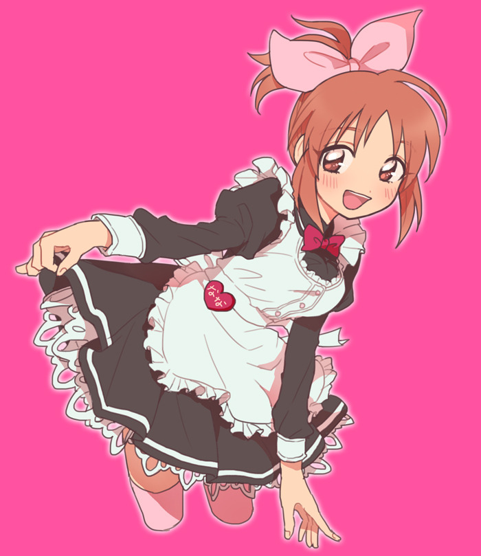 1girl abe_nana apron blush bow brown_eyes brown_hair discowars frilled_apron frills hair_bow heart holding_skirt idolmaster idolmaster_cinderella_girls juliet_sleeves long_sleeves maid_apron maid_dress open_mouth pink_background ponytail puffy_sleeves simple_background sleeve_cuffs smile solo teeth thigh-highs