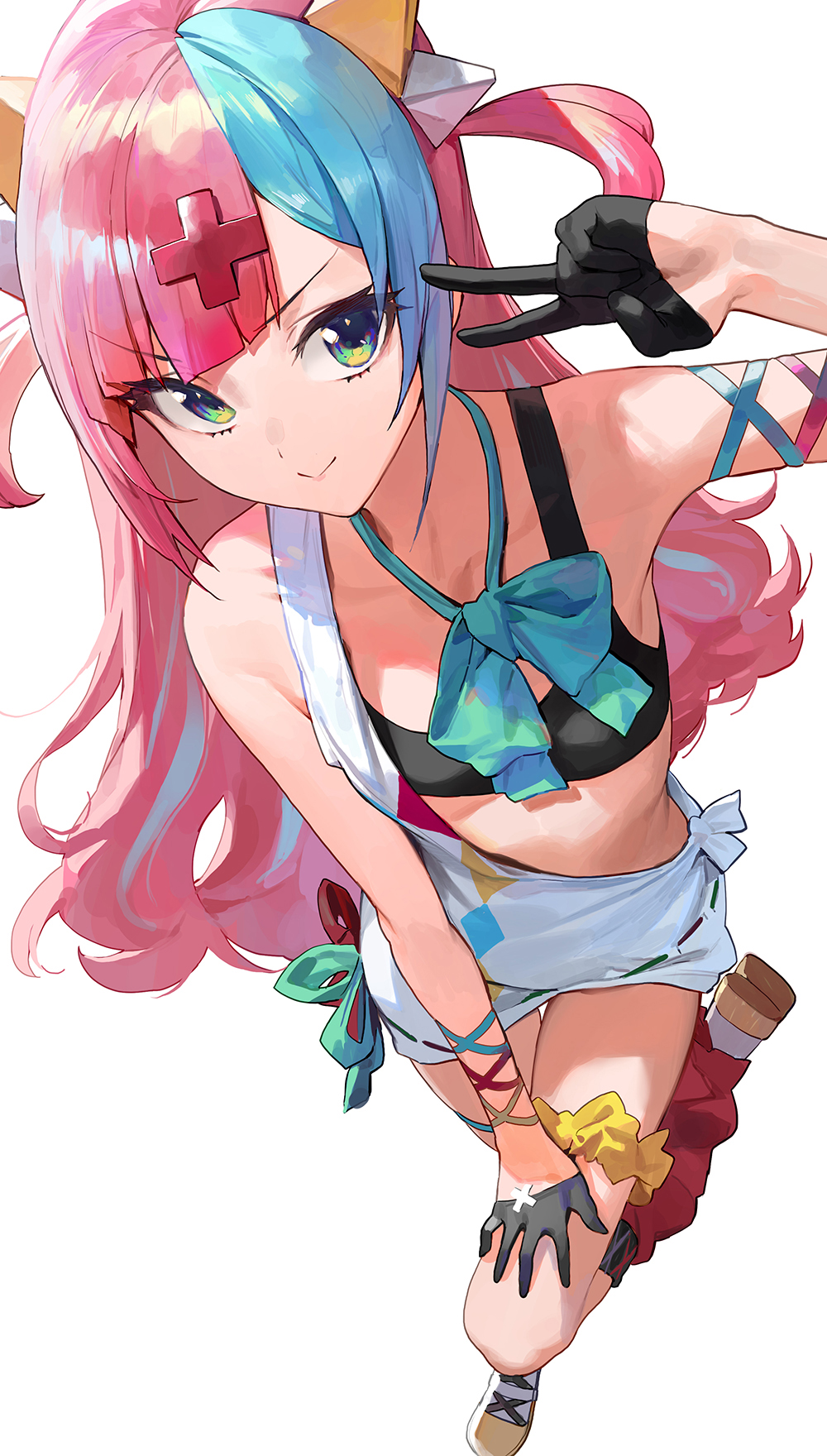 1girl arm_up armpits bare_shoulders black_gloves blue_hair bow bowtie cross_hair_ornament dress foreshortening gloves green_eyes hair_ornament half_gloves hand_on_own_thigh highres leg_garter leg_up long_hair looking_at_viewer midriff mossi multicolored_hair pink_hair pinky_pop_hepburn shoes short_dress simple_background single_strap smile solo sports_bra the_moon_studio thighs two-tone_hair two_side_up v v-shaped_eyebrows very_long_hair virtual_youtuber white_background white_dress