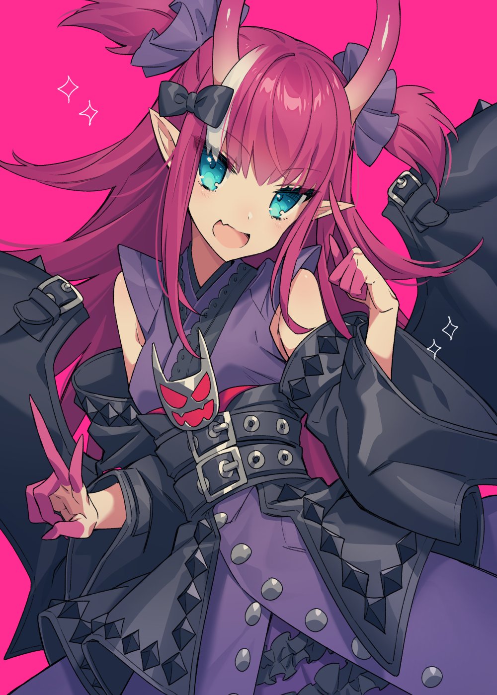 1girl :d alternate_horns belt black_belt black_bow blue_eyes blush bow detached_sleeves elizabeth_bathory_(fate) elizabeth_bathory_(fate)_(all) eyebrows_visible_through_hair fang fate/extra fate/extra_ccc fate/grand_order fate_(series) hair_bow hair_ornament hair_scrunchie hand_up head_tilt highres horns japanese_clothes kimono long_sleeves looking_at_viewer multicolored_hair multiple_belts open_mouth pink_background pink_hair pointy_ears purple_kimono purple_scrunchie scrunchie simple_background smile solo streaked_hair two_side_up upper_body v westxost_(68monkey) wide_sleeves