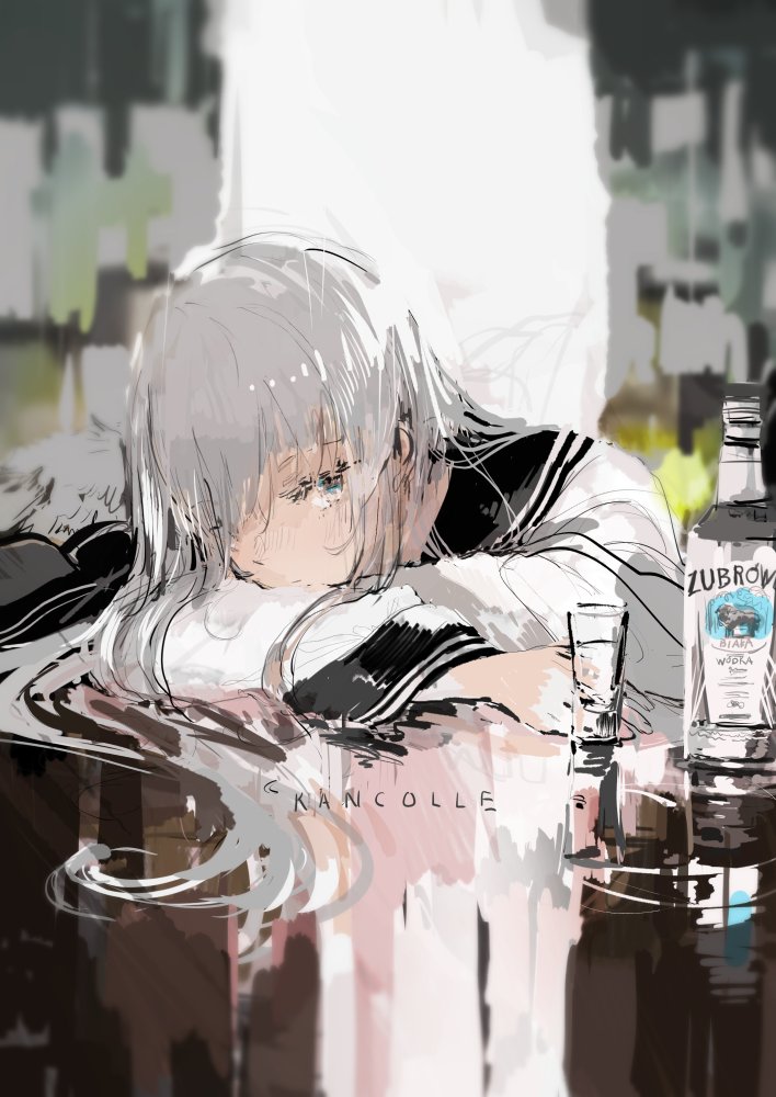 1girl alcohol blue_eyes custom_(cus-tom) long_hair lying original sketch solo vodka white_hair