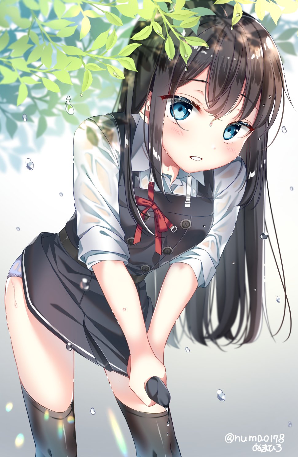 1girl artist_name asashio_(kantai_collection) black_hair black_legwear blue_eyes commentary_request cowboy_shot dress highres kantai_collection leaning_forward long_hair long_sleeves looking_at_viewer numao178 pinafore_dress remodel_(kantai_collection) shirt sleeves_rolled_up solo standing thigh-highs twitter_username white_shirt wringing_clothes