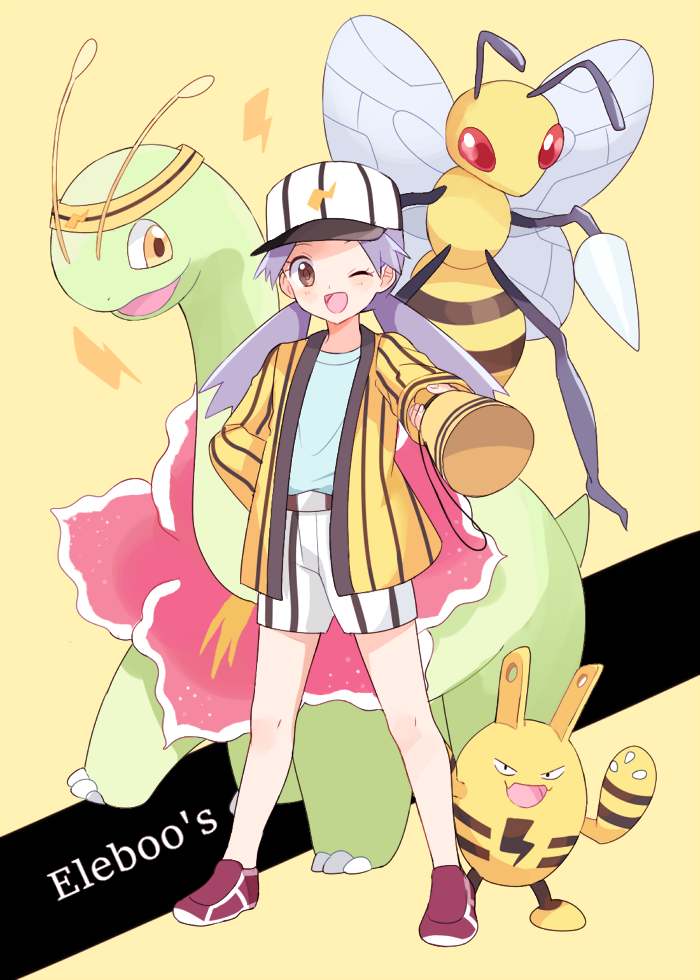 1girl ;d antennae baseball_cap beedrill blue_shirt brown_eyes character_name commentary_request creature dot_nose elekid full_body gen_1_pokemon gen_2_pokemon hand_on_hip hat holding holding_megaphone insect_wings jacket lightning_bolt long_hair meganium megaphone mei_(maysroom) nanako_(pokemon) one_eye_closed open_mouth outstretched_arm pokemon pokemon_(anime) pokemon_(classic_anime) pokemon_(creature) purple_hair shirt shorts smile standing striped striped_jacket striped_shorts twintails white_shorts wings yellow_background yellow_jacket