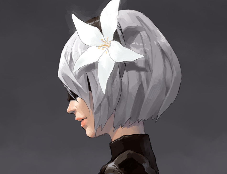 1girl black_blindfold black_hairband blindfold closed_mouth face flower grey_background grey_hair hair_flower hair_ornament hairband lunar_tear nier_(series) nier_automata pink_lips sekisouseki short_hair simple_background solo turtleneck upper_body white_flower yorha_no._2_type_b