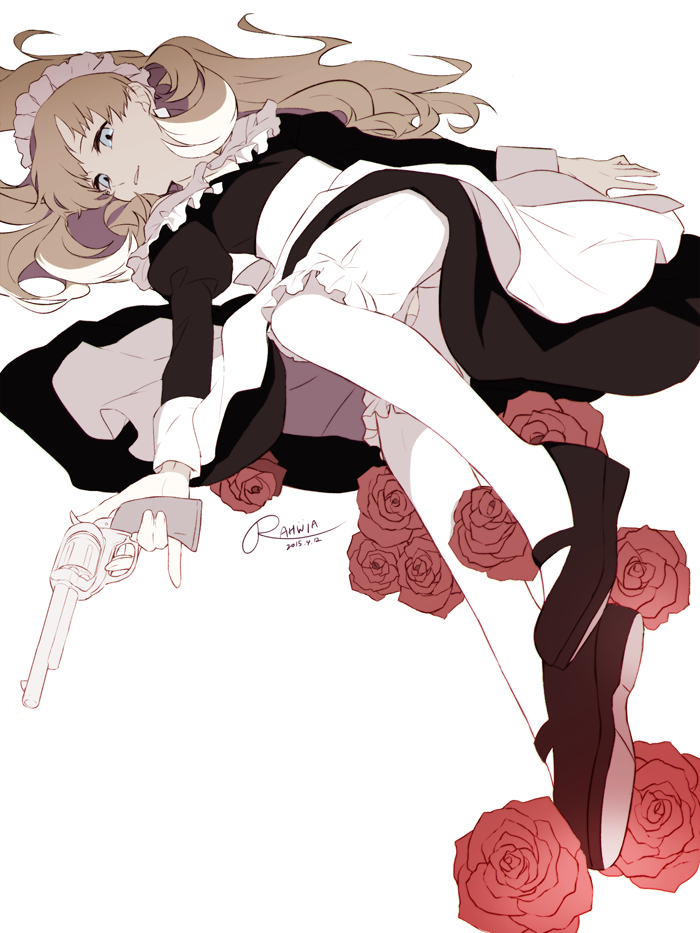 artist_name blonde_hair flower gun hair_ornament handgun long_hair looking_at_viewer maid original pantyhose rahwia revolver rose signature weapon white_legwear