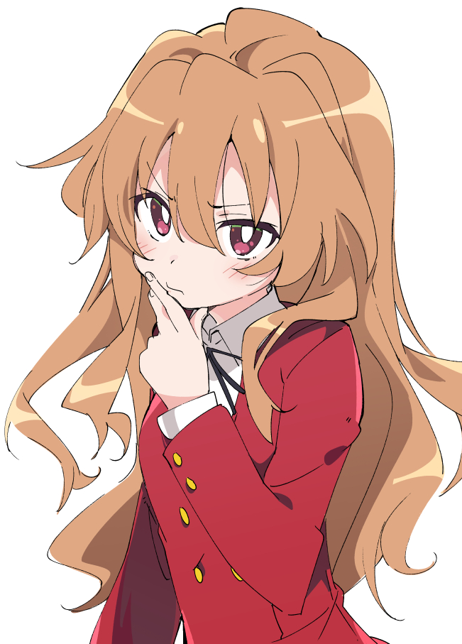 1girl aisaka_taiga black_ribbon blush brown_hair closed_mouth commentary_request eyebrows_visible_through_hair hair_between_eyes ixy jacket long_hair long_sleeves looking_at_viewer oohashi_high_school_uniform red_eyes red_jacket ribbon school_uniform shirt simple_background solo toradora! upper_body white_background white_shirt