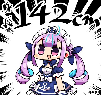 1girl :d anchor anchor_symbol bangs blue_bow blue_dress blue_hair blue_ribbon blush bow braid commentary dress eyebrows_visible_through_hair hair_ribbon hololive kanikama long_hair lowres minato_aqua multicolored_hair open_mouth pink_eyes pink_hair puffy_short_sleeves puffy_sleeves ribbon short_sleeves smile solo symbol_commentary translated twintails two-tone_hair very_long_hair virtual_youtuber white_background white_bow wrist_cuffs