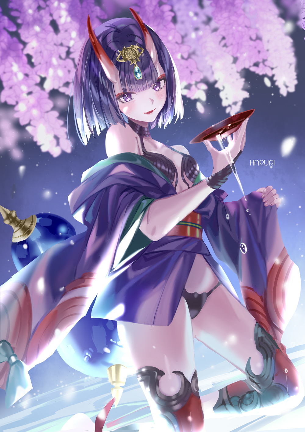 1girl alcohol artist_name bangs bare_shoulders blurry blurry_background breasts commentary_request cup depth_of_field dutch_angle fangs fate/grand_order fate_(series) flower gourd haruri headpiece highres holding horns japanese_clothes kimono kneeling long_sleeves obi off_shoulder oni oni_horns parted_lips petals pinching_sleeves pink_flower purple_hair purple_kimono red_legwear sakazuki sake sash shuten_douji_(fate/grand_order) signature sleeves_past_wrists small_breasts smile solo thigh-highs violet_eyes wide_sleeves