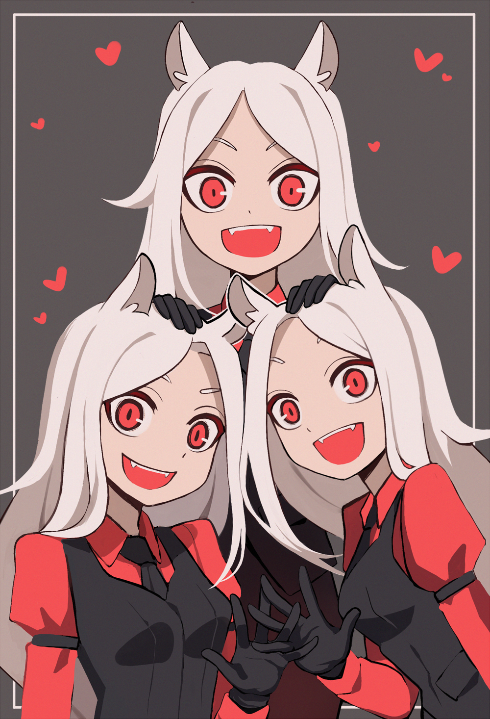 3girls :d animal_ears armband black_gloves black_vest cerberus_(helltaker) collared_shirt demon_girl dog_ears dog_girl dress_shirt fangs gloves grey_background hand_on_another's_head heart helltaker highres long_hair long_sleeves looking_at_viewer multiple_girls necktie open_mouth red_eyes red_shirt reiji-rj shirt smile triplets vest white_hair wide-eyed