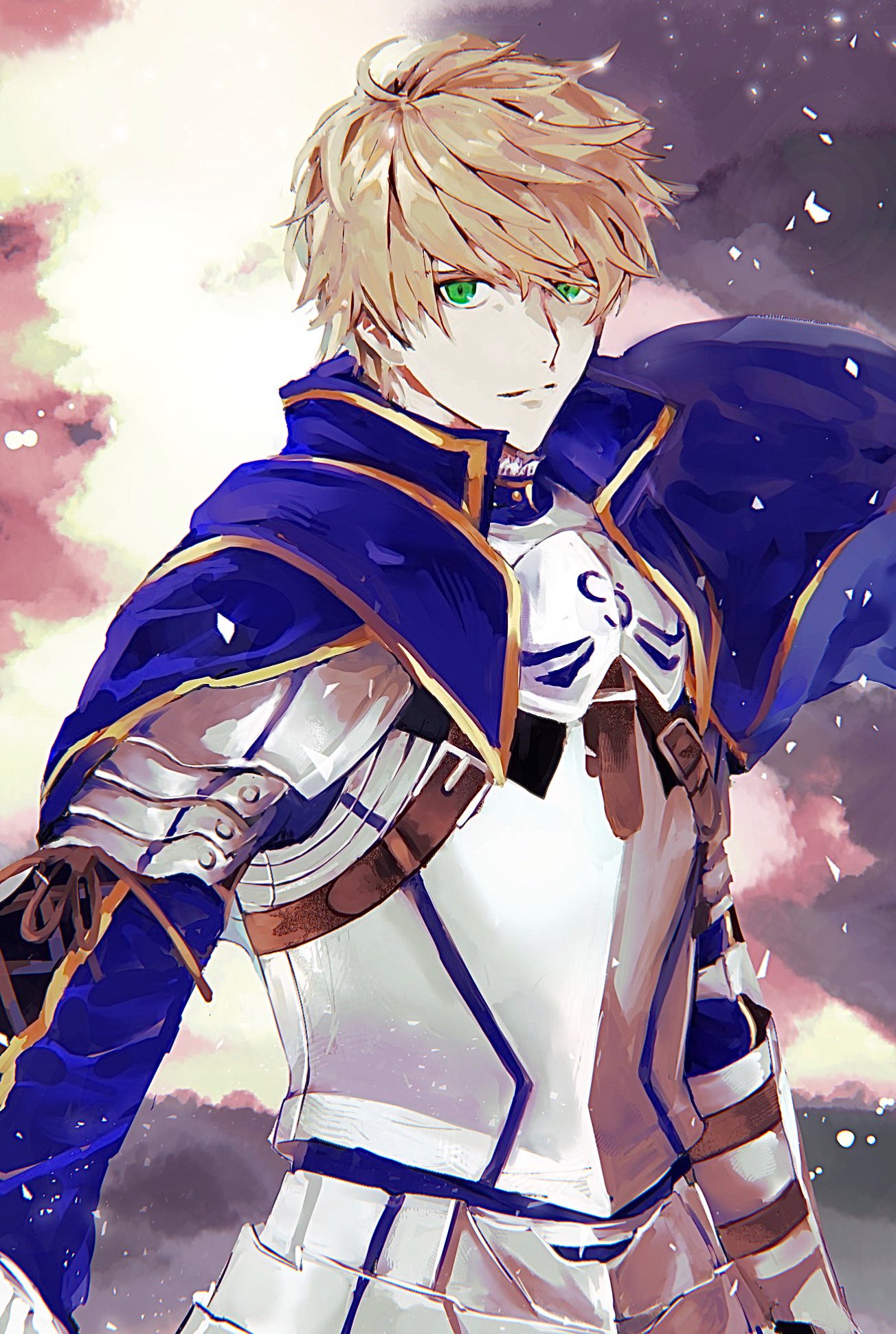 1boy ahoge armor arthur_pendragon_(fate) bangs blonde_hair breastplate fate/grand_order fate_(series) faulds green_eyes hair_between_eyes highres holding light_particles light_smile long_sleeves looking_at_viewer male_focus metal nanonineex pauldrons shiny simple_background solo upper_body