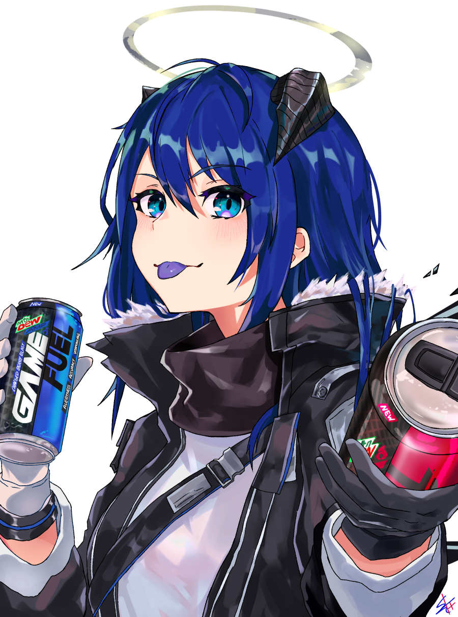 1girl arknights black_gloves black_jacket blue_eyes blue_hair blue_tongue can eyebrows_visible_through_hair foreshortening fur-trimmed_jacket fur_trim gloves halo harlequin-wheels highres holding holding_can horns jacket long_hair long_sleeves looking_at_viewer mostima_(arknights) mountain_dew outstretched_hand reaching_out signature simple_background soda soda_can solo tongue tongue_out white_background white_gloves