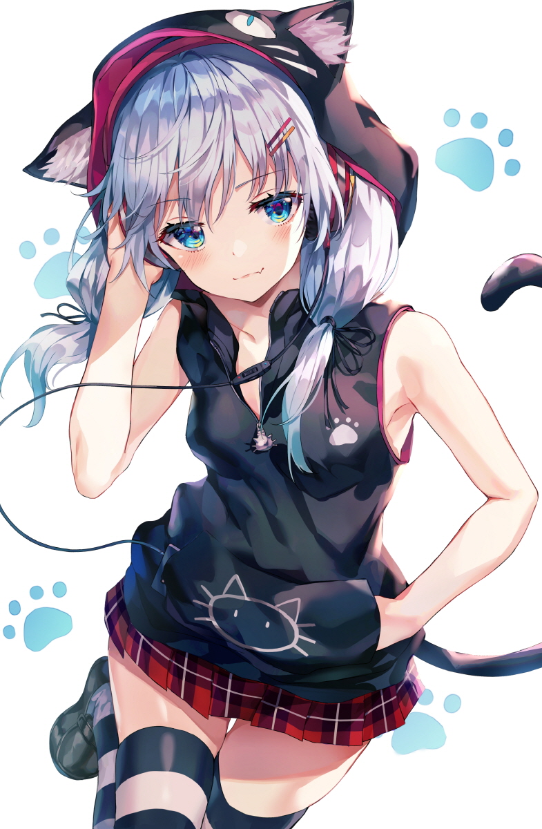 1girl animal_ear_fluff animal_ears armpits bare_arms bare_shoulders black_jacket blue_eyes breasts cable cat_ears cat_tail commentary_request earphones fang hair_ornament hairclip hand_in_pocket hand_up highres hood hooded_jacket huwali_(dnwls3010) jacket leg_up loafers long_hair looking_at_viewer low_twintails miniskirt original paw_background pleated_skirt red_skirt shoes silver_hair skirt sleeveless sleeveless_jacket small_breasts smile solo striped striped_legwear tail tail_raised thigh-highs twintails white_background zettai_ryouiki