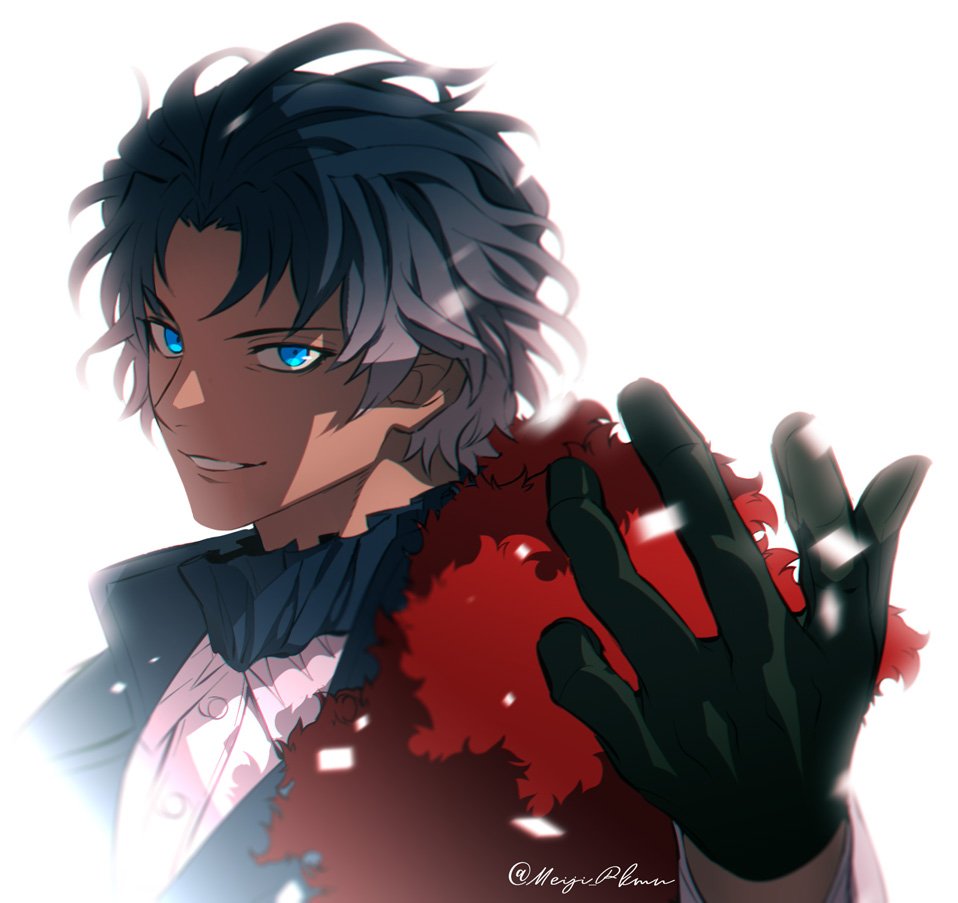 1boy artist_name bartholomew_roberts_(fate/grand_order) black_gloves black_hair blue_eyes blurry close-up dark_skin dark_skinned_male fate/grand_order fate_(series) fur_collar gloves gradient_hair jewelry light looking_at_viewer male_focus meiji_ken multicolored_hair open_hand red_fur shadow shirt smile solo upper_body white_background white_shirt
