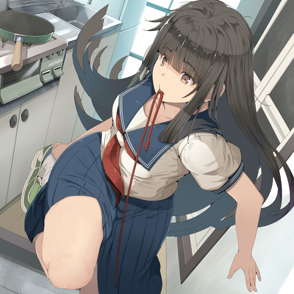 1girl bangs black_hair blue_skirt blunt_bangs brown_eyes cabinet commentary_request counter eyebrows_visible_through_hair green_footwear hair_ribbon hair_tie_in_mouth indoors kitchen leg_up long_hair mouth_hold original pleated_skirt pot red_neckwear ribbon sailor_collar school_uniform serafuku shoes short_sleeves sidelocks sink skirt sneakers stove sts thighs