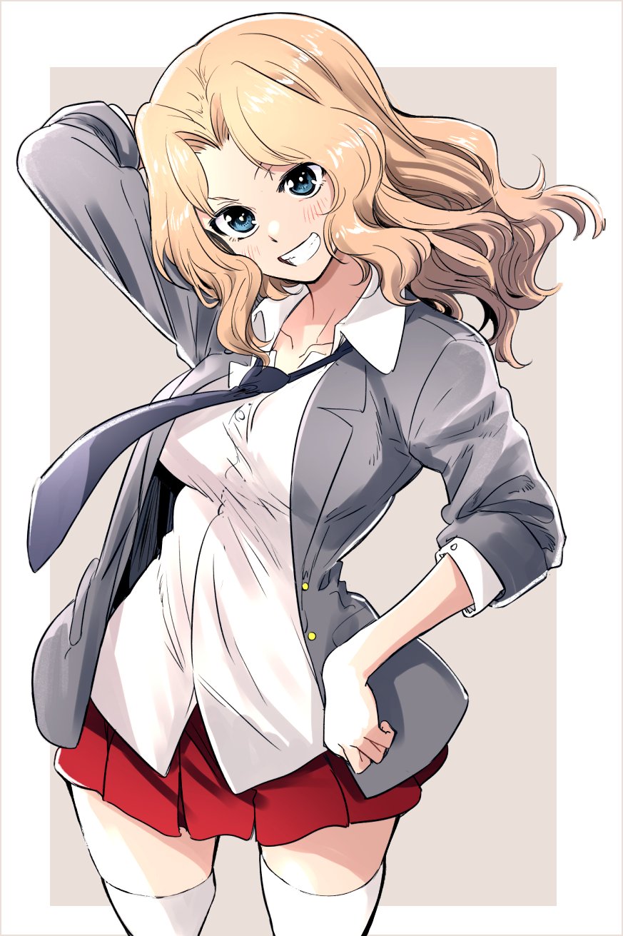 1girl arm_behind_head black_neckwear blazer blonde_hair blouse blue_eyes bonkara_(sokuseki_maou) collared_blouse commentary girls_und_panzer grey_background grey_jacket grin hair_intakes head_tilt highres holding jacket kay_(girls_und_panzer) long_hair long_sleeves looking_at_viewer miniskirt necktie open_clothes open_jacket outside_border pleated_skirt red_skirt saunders_school_uniform school_uniform skirt sleeves_rolled_up smile solo standing thigh-highs white_blouse white_legwear wind wing_collar