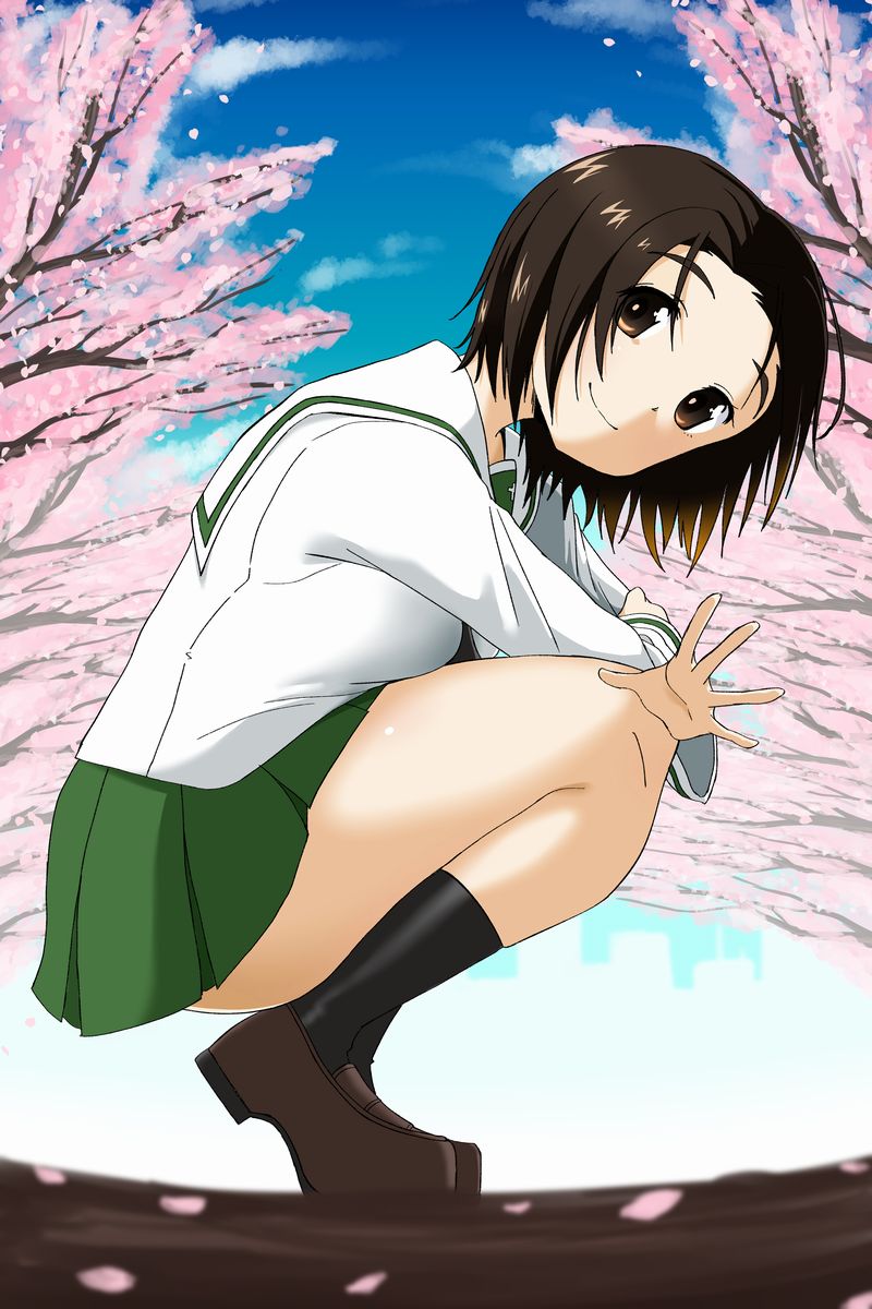 1girl bangs black_legwear blouse blue_sky blurry blurry_background blurry_foreground brown_eyes brown_footwear brown_hair cherry_blossoms closed_mouth clouds cloudy_sky commentary day depth_of_field from_side girls_und_panzer green_skirt highres loafers long_sleeves looking_at_viewer miniskirt nana_(manaita_koumuten) ooarai_school_uniform outdoors parted_bangs petals pleated_skirt sawa_azusa school_uniform serafuku shoes short_hair skirt sky smile socks solo squatting tree waving white_blouse