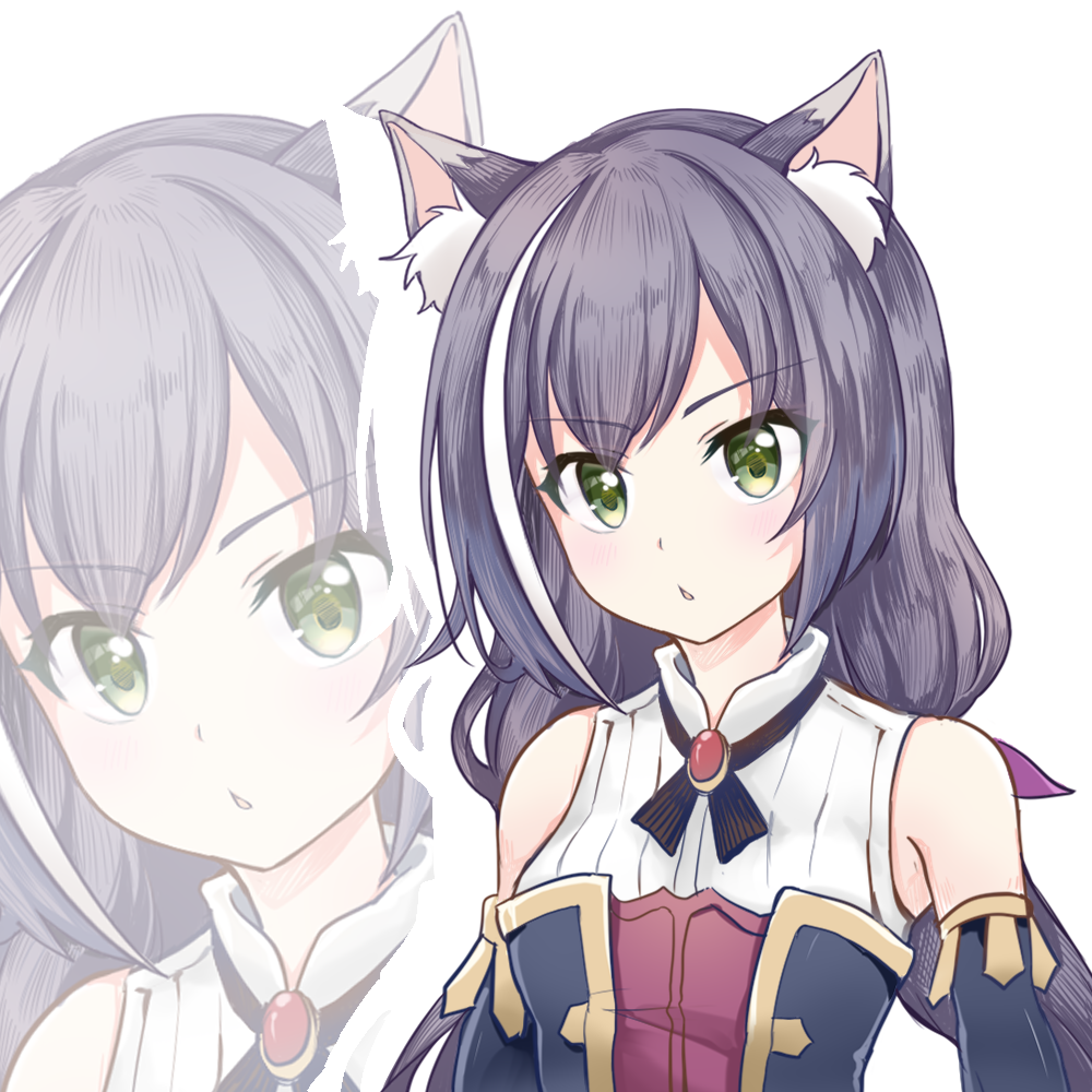 1girl animal_ear_fluff animal_ears bangs bare_shoulders black_hair black_sleeves breasts cat_ears commentary_request detached_sleeves eyebrows_visible_through_hair green_eyes hair_ribbon karyl_(princess_connect!) kiri_sakura long_hair looking_at_viewer low_twintails multicolored_hair parted_lips princess_connect! princess_connect!_re:dive purple_ribbon ribbon shirt simple_background sleeveless sleeveless_shirt small_breasts solo streaked_hair twintails upper_body v-shaped_eyebrows white_background white_hair white_shirt zoom_layer