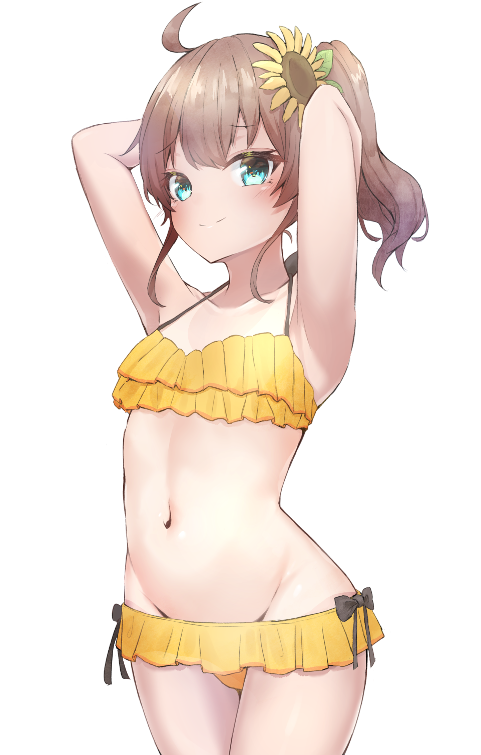 1girl ahoge aqua_eyes armpits arms_behind_head arms_up bangs bikini black_bow blush bow brown_hair ciawasemono closed_mouth collarbone commentary_request cowboy_shot eyebrows_visible_through_hair flower hair_flower hair_ornament highres hololive layered_bikini long_hair looking_at_viewer natsuiro_matsuri navel ponytail smile solo stomach sunflower_hair_ornament swimsuit virtual_youtuber yellow_bikini yellow_flower