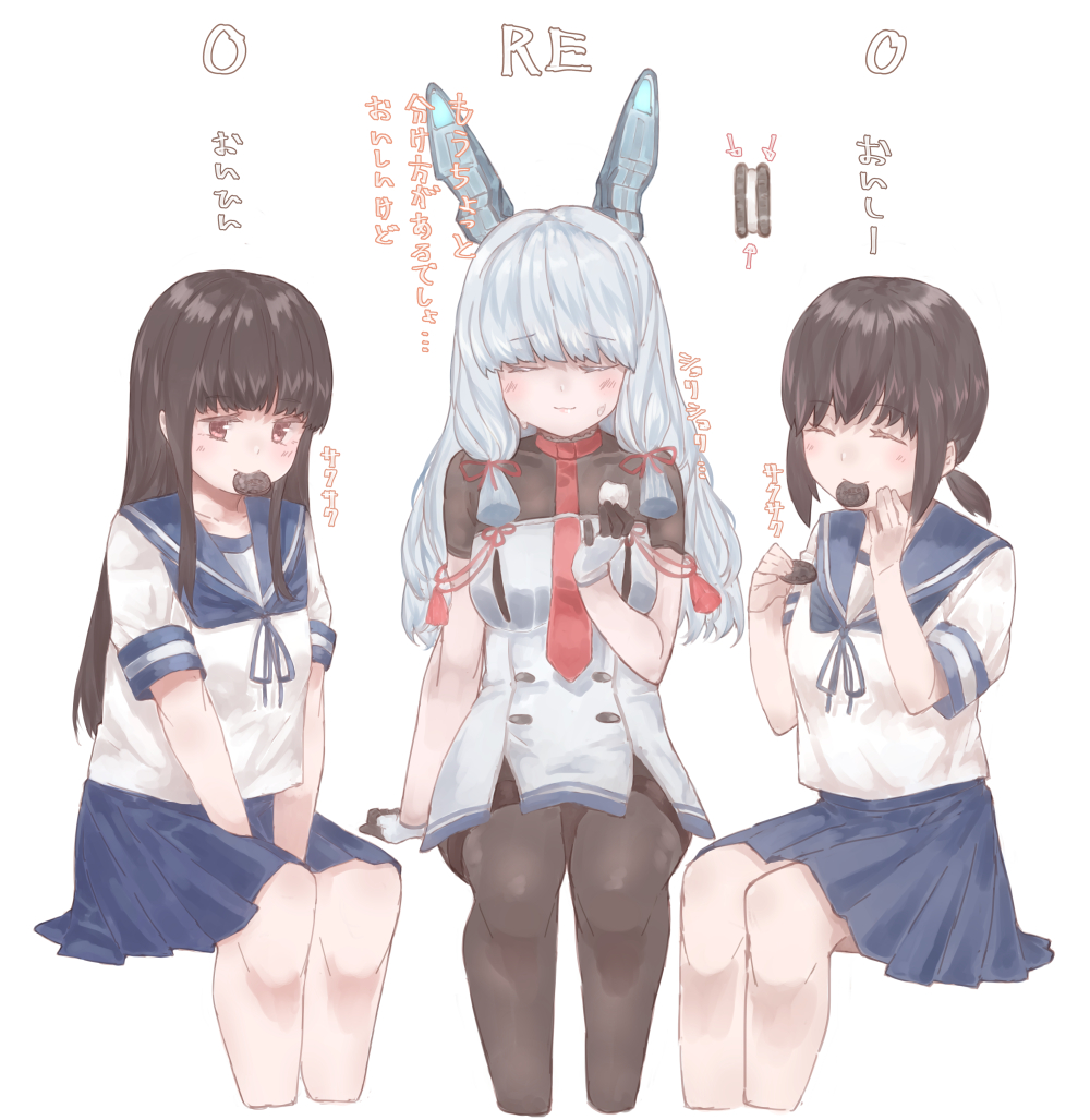 3girls az_toride bangs black_hair black_legwear blue_sailor_collar blue_skirt blunt_bangs brown_eyes closed_eyes collared_shirt cookie dress facing_viewer feet_out_of_frame fingerless_gloves food fubuki_(kantai_collection) gloves hatsuyuki_(kantai_collection) headgear hime_cut invisible_chair kantai_collection long_hair low_ponytail mouth_hold multiple_girls murakumo_(kantai_collection) neckerchief necktie oreo pantyhose pleated_skirt ponytail red_neckwear remodel_(kantai_collection) sailor_collar school_uniform serafuku shirt short_ponytail sidelocks silver_hair simple_background sitting skirt thighband_pantyhose white_background white_dress white_gloves