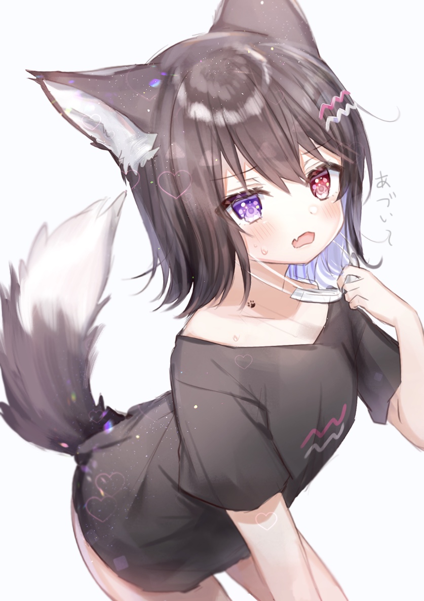 1girl animal_ears black_shirt blue_eyes brown_hair fang heterochromia hot mask mouth_mask naked_shirt open_mouth original red_eyes rukako shirt short_hair short_sleeves skin_fang surgical_mask sweat tail wolf_ears wolf_tail yoyogi_(rukako)