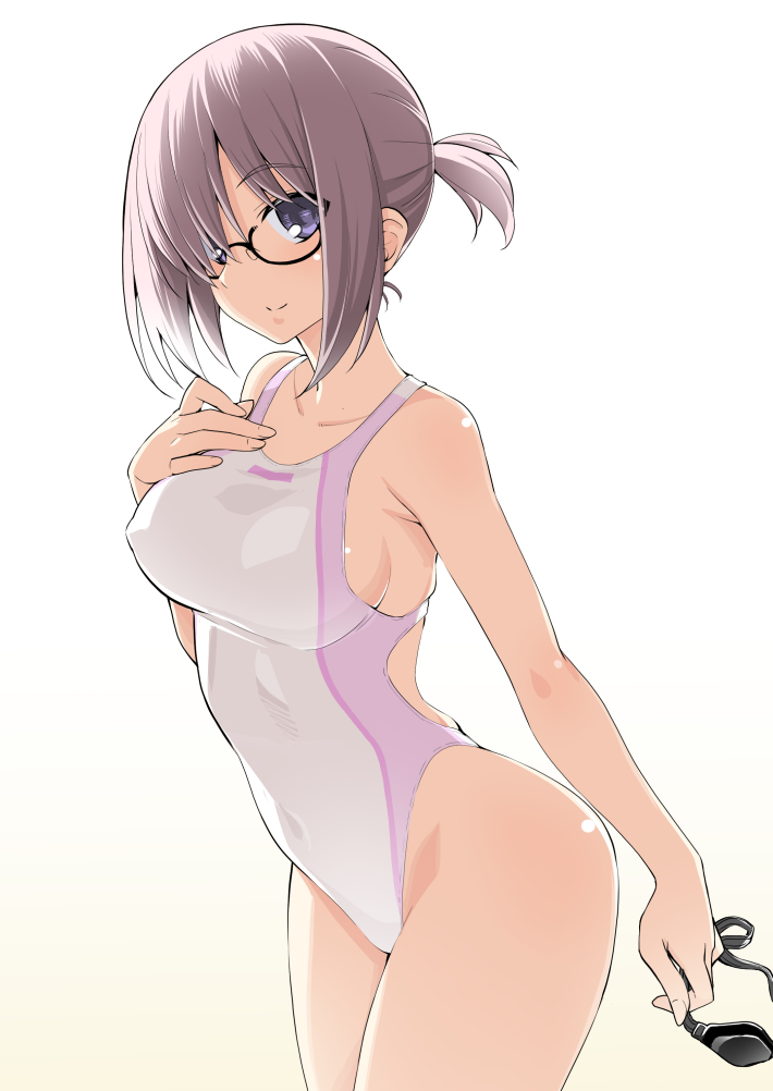 1girl armpit_peek breasts commentary_request competition_swimsuit cowboy_shot fate/grand_order fate_(series) glasses goggles goggles_removed hair_over_one_eye hands_on_own_chest highleg highleg_swimsuit holding_goggles lavender_hair looking_at_viewer low_ponytail mash_kyrielight medium_breasts namonashi one-piece_swimsuit short_hair simple_background solo swimsuit tied_hair violet_eyes white_background white_swimsuit