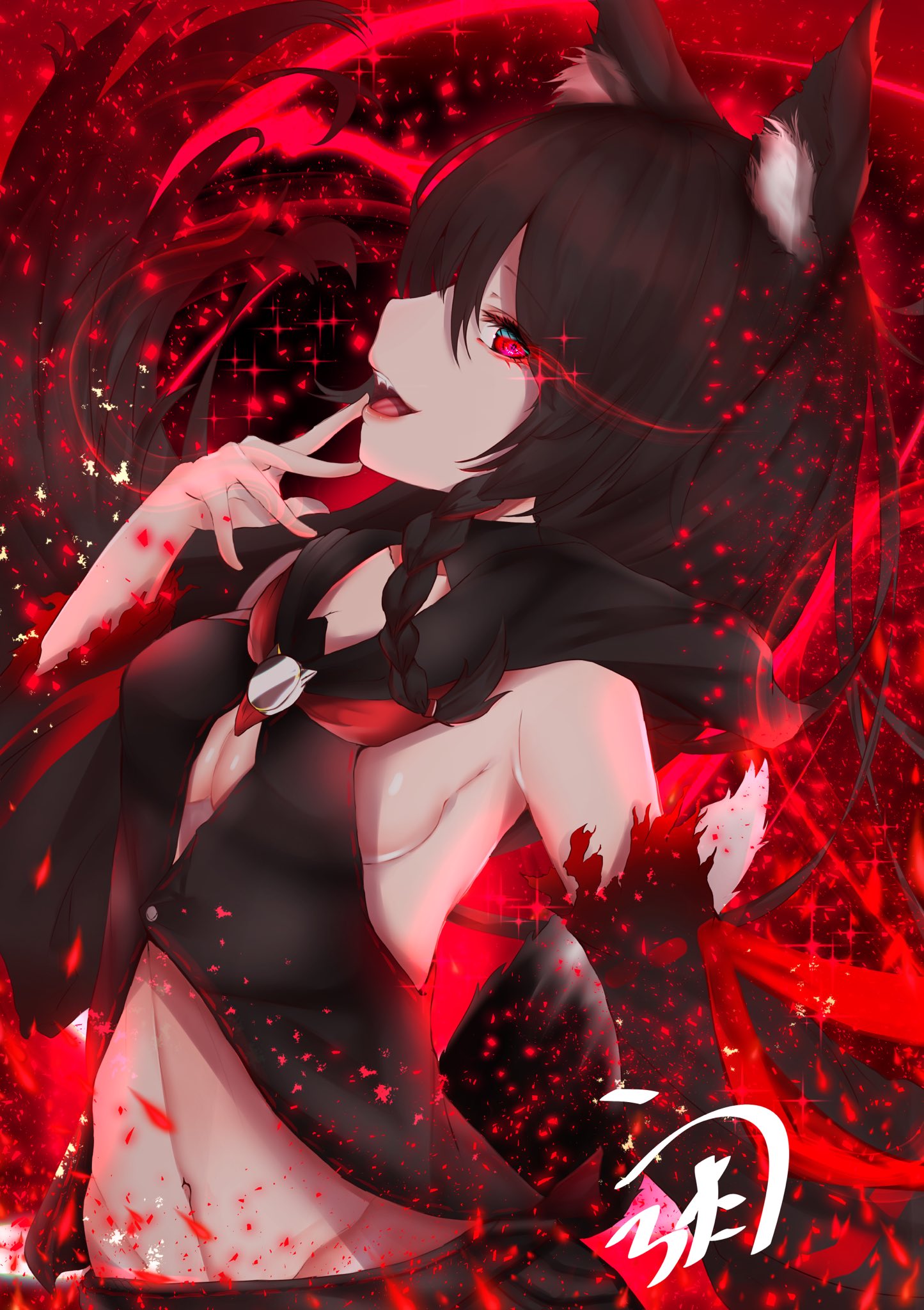 1girl animal_ears black_hair braid breasts detached_sleeves eyebrows_visible_through_hair fangs finger_to_mouth fox_ears fox_girl fox_tail highres hololive hood kurokami_fubuki midriff open_mouth red_eyes sideboob signature solo sparkle tail teeth upper_body urotare virtual_youtuber