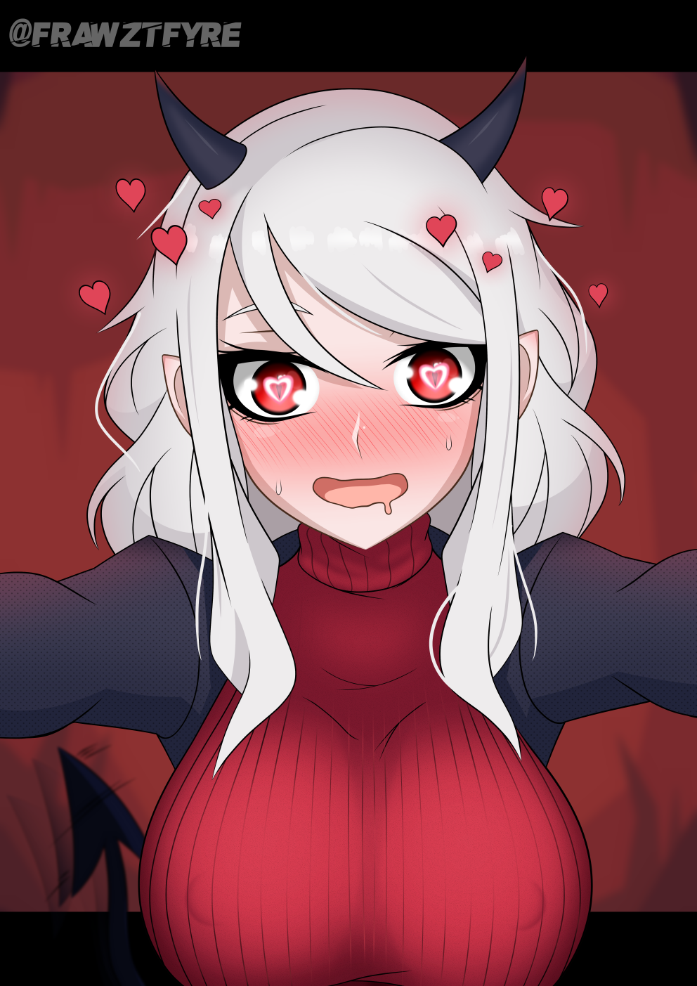 1girl artist_name black_horns black_suit blush breasts commentary demon_girl demon_horns demon_tail frawztfyre heart heart-shaped_pupils helltaker highres horns large_breasts long_sleeves looking_at_viewer modeus_(helltaker) red_eyes red_sweater short_hair sleeves_past_wrists solo sweater symbol-shaped_pupils tail turtleneck white_hair