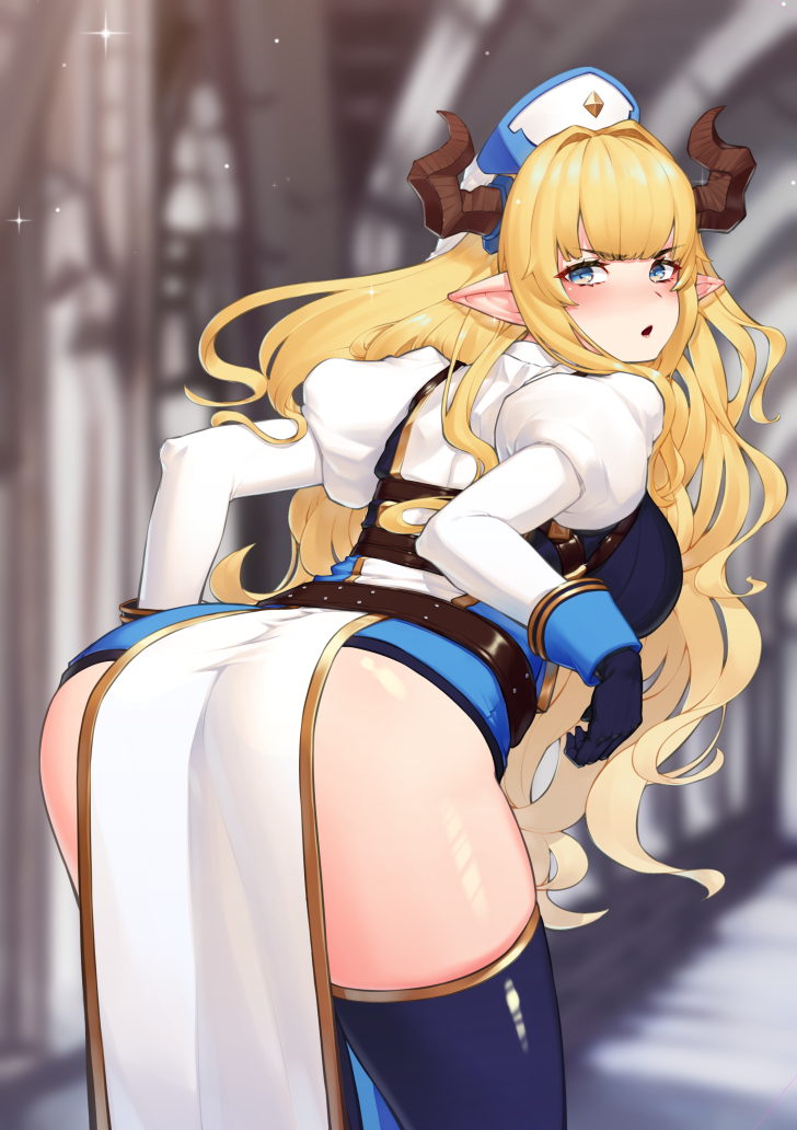 1girl ass black_legwear blonde_hair blue_eyes blurry blush breasts depth_of_field draph from_behind gloves granblue_fantasy hair_intakes hat horns large_breasts long_hair looking_back pelvic_curtain pointy_ears puffy_sleeves rastina scarlettear33 solo thigh-highs thighs very_long_hair wavy_hair