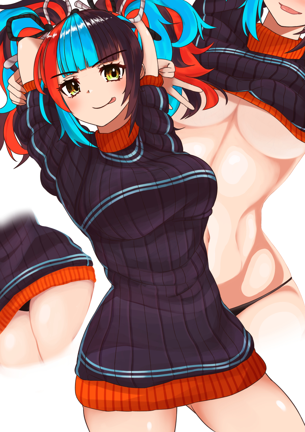 1girl amu_(takuya0331) arms_behind_head arms_up bangs black_hair black_shirt blue_hair blunt_bangs blush breasts closed_mouth fate/grand_order fate_(series) highres large_breasts licking_lips long_hair looking_at_viewer multicolored_hair multiple_views navel redhead ribbed_shirt sei_shounagon_(fate) shirt short_sleeves simple_background smile thighs tongue tongue_out twintails under_boob w white_background yellow_eyes