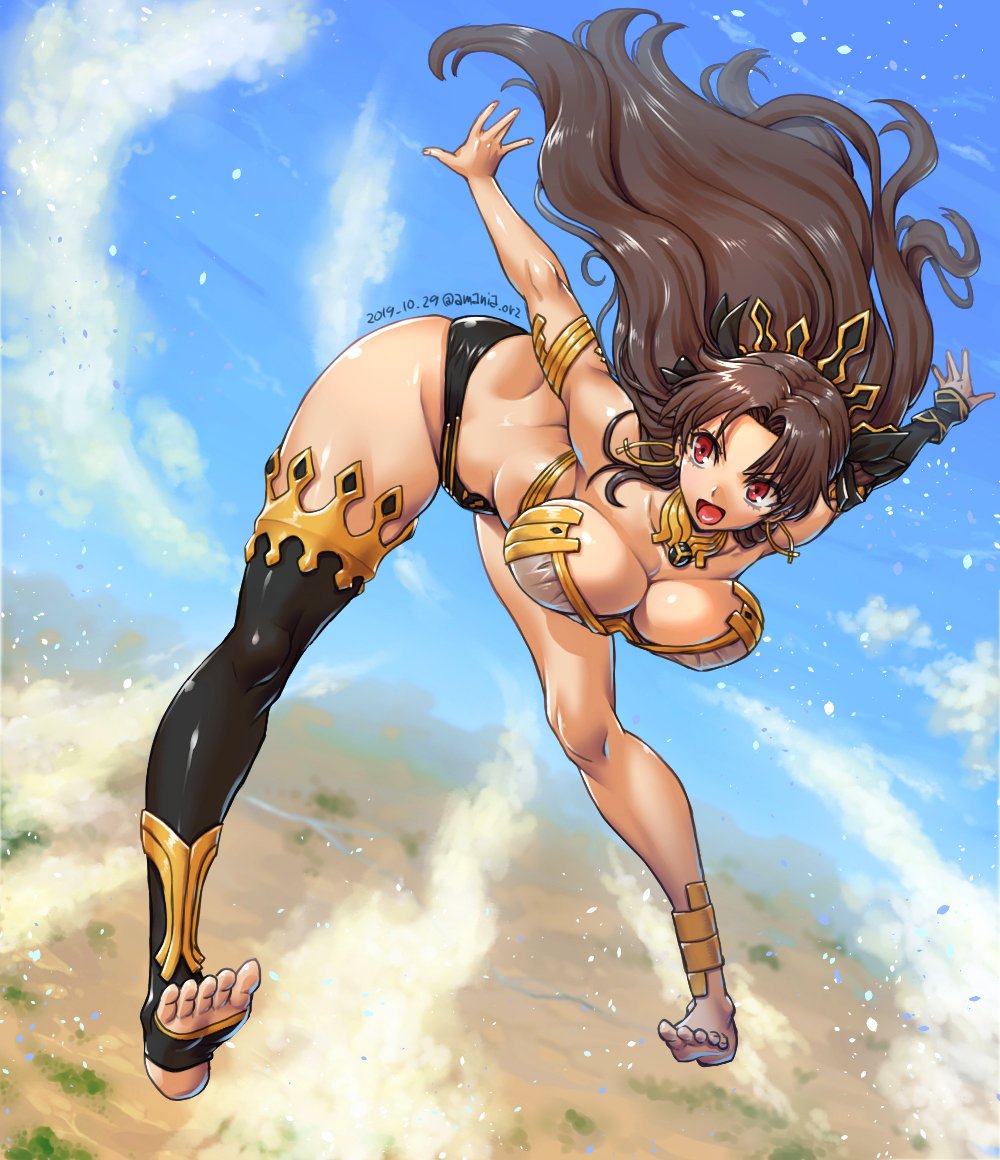 1girl alternate_breast_size amania_orz asymmetrical_gloves asymmetrical_legwear bikini black_legwear blue_sky breasts brown_hair clouds dated elbow_gloves fate/grand_order fate_(series) gloves gold_trim highleg highleg_bikini ishtar_(fate)_(all) ishtar_(fate/grand_order) large_breasts long_hair mismatched_legwear red_eyes sky swimsuit thigh-highs thighs toeless_legwear