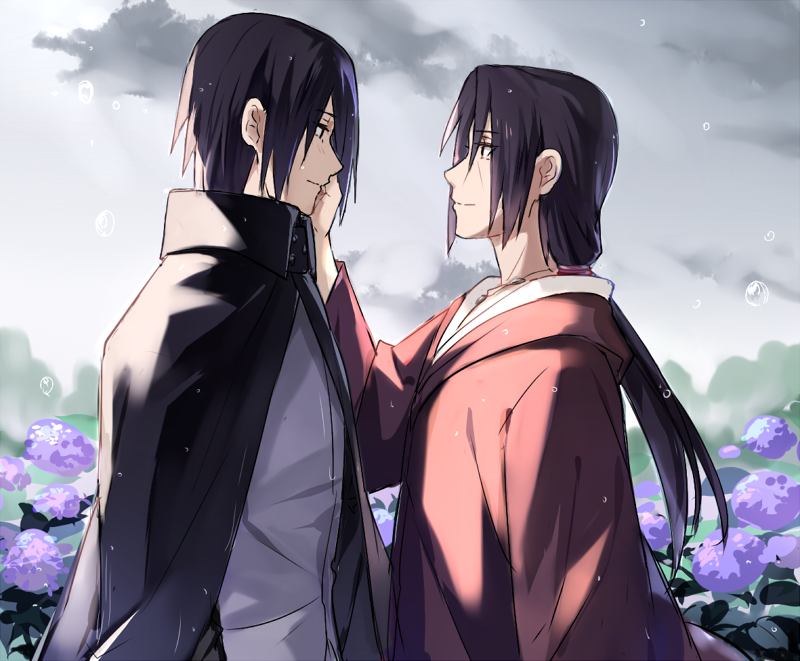 2boys black_hair brothers cape cloak closed_mouth field flower flower_field hand_on_another's_cheek hand_on_another's_face height_difference hood hoodie hydrangea jewelry long_hair male_focus medium_hair multiple_boys naruto naruto_(series) naruto_shippuuden necklace ninja ponytail s86070070 short_hair siblings smile tied_hair uchiha_itachi uchiha_sasuke