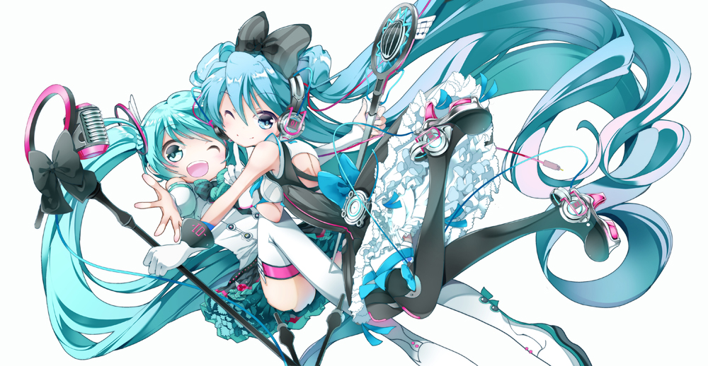 2girls absurdly_long_hair aqua_hair back_cutout bare_shoulders beamed_eighth_notes black_bow black_dress black_skirt bow bowtie cable commentary detached_sleeves dress dual_persona frilled_skirt frills gloves hair_bow hair_ornament hatsune_miku headphones high_heels holding holding_microphone_stand holding_wand index_finger_raised leg_up long_hair magical_mirai_(vocaloid) microphone microphone_stand microphone_wand minami_mofuko multiple_girls musical_note musical_note_print one_eye_closed open_mouth outstretched_arms plaid_neckwear shirt skirt smile twintails very_long_hair vocaloid wand white_background white_gloves white_shirt white_sleeves wings