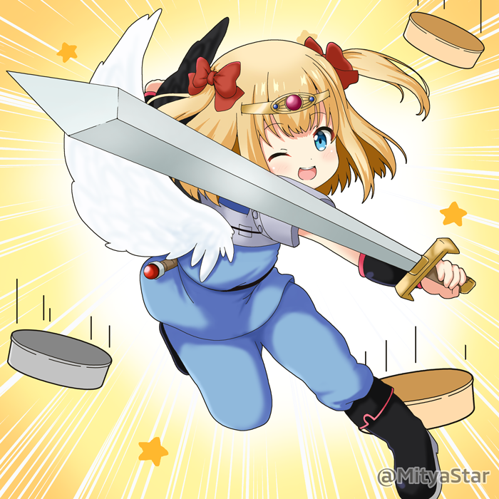 1girl ;d black_footwear black_wings blonde_hair blue_eyes blue_pants blue_shirt blush boots bow commentary_request feathered_wings full_body hair_bow headpiece holding holding_sword holding_weapon looking_at_viewer maaru_(shironeko_project) miicha mismatched_wings one_eye_closed open_mouth pants red_bow shironeko_project shirt smile solo standing standing_on_one_leg star_(symbol) sword twitter_username two_side_up washpan weapon white_wings wings